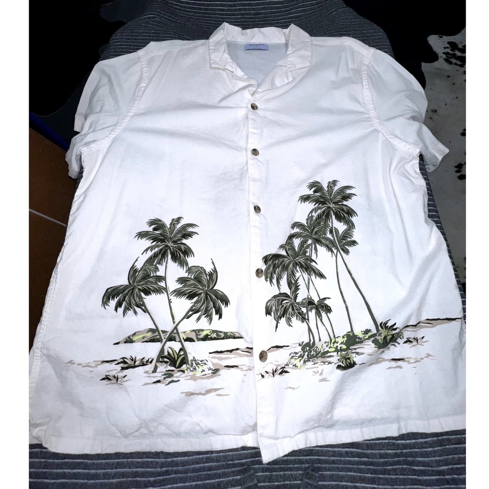 Old Navy Cream Palm Tree Camp Shirt Mens XL Short Sleeve
